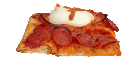 A rotating gif of a square piece of pepperoni pizza, with a large piece of cheese on top